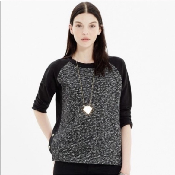 Madewell tweed wool panel button detail 3/4 sleeve pullover top. Size S - Picture 1 of 5